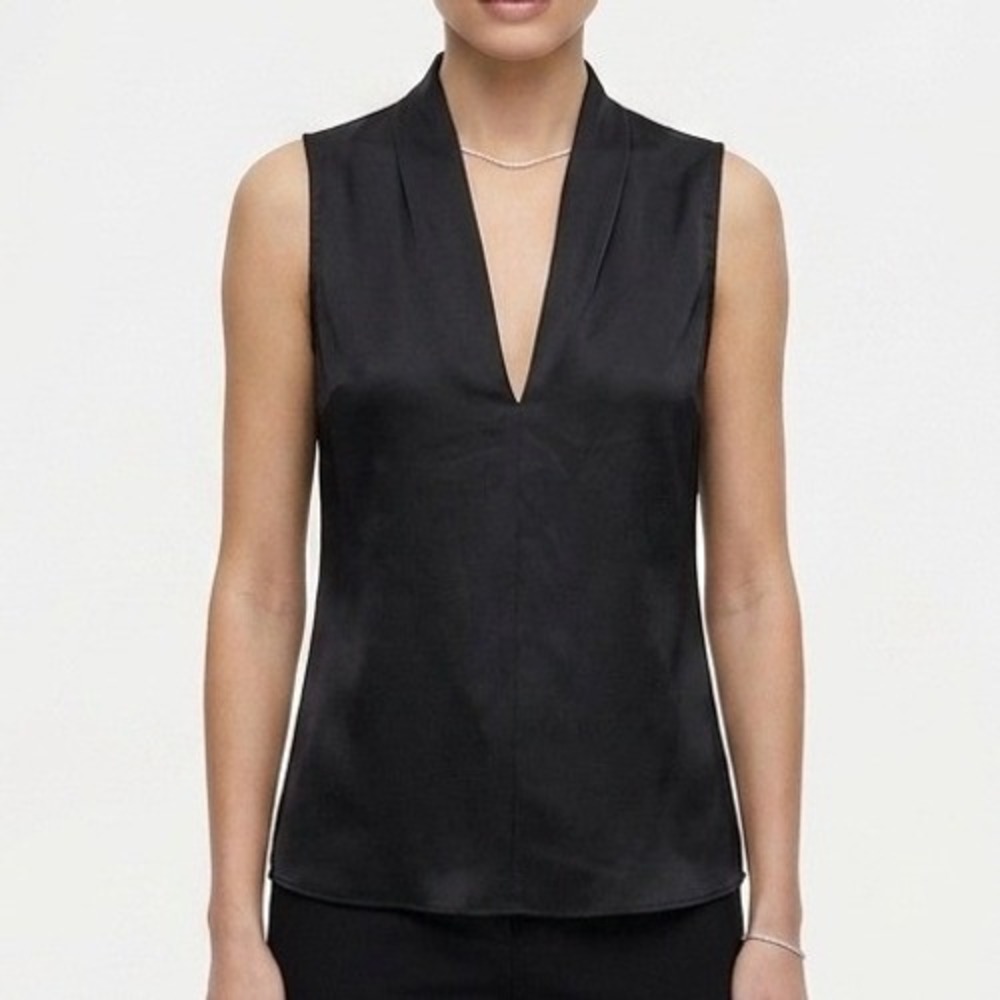 Boston Proper Black‎ Satin V-Neck Sleeveless Blouse Top Size 12 Shawl Collar